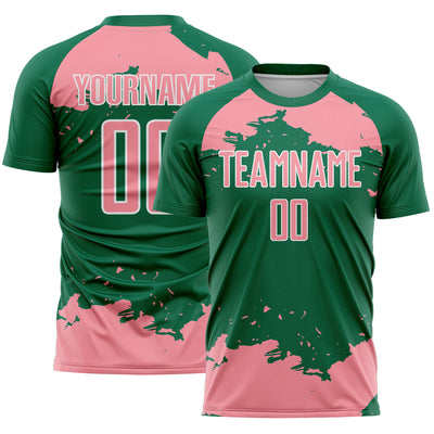 Custom Kelly Green Medium Pink-White Abstract Fragment Art Sublimation Soccer Uniform Jersey
