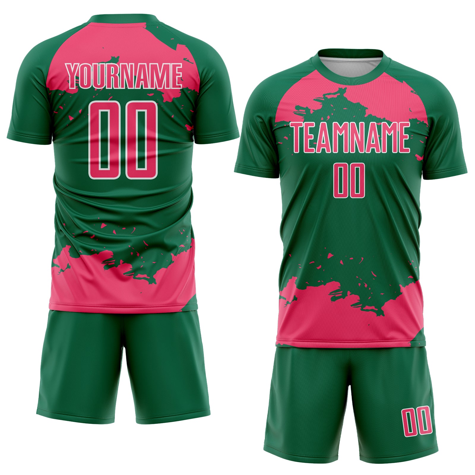 Custom Kelly Green Neon Pink-White Abstract Fragment Art Sublimation Soccer Uniform Jersey