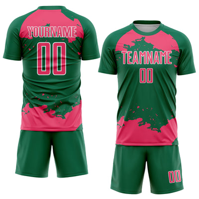 Custom Kelly Green Neon Pink-White Abstract Fragment Art Sublimation Soccer Uniform Jersey