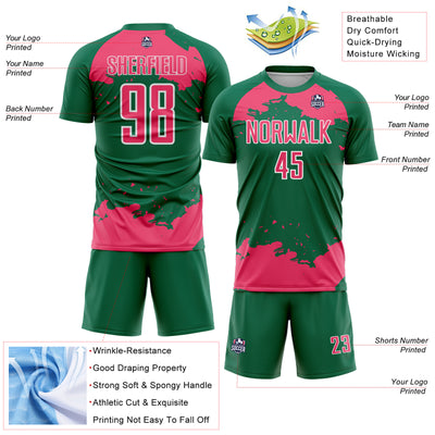 Custom Kelly Green Neon Pink-White Abstract Fragment Art Sublimation Soccer Uniform Jersey