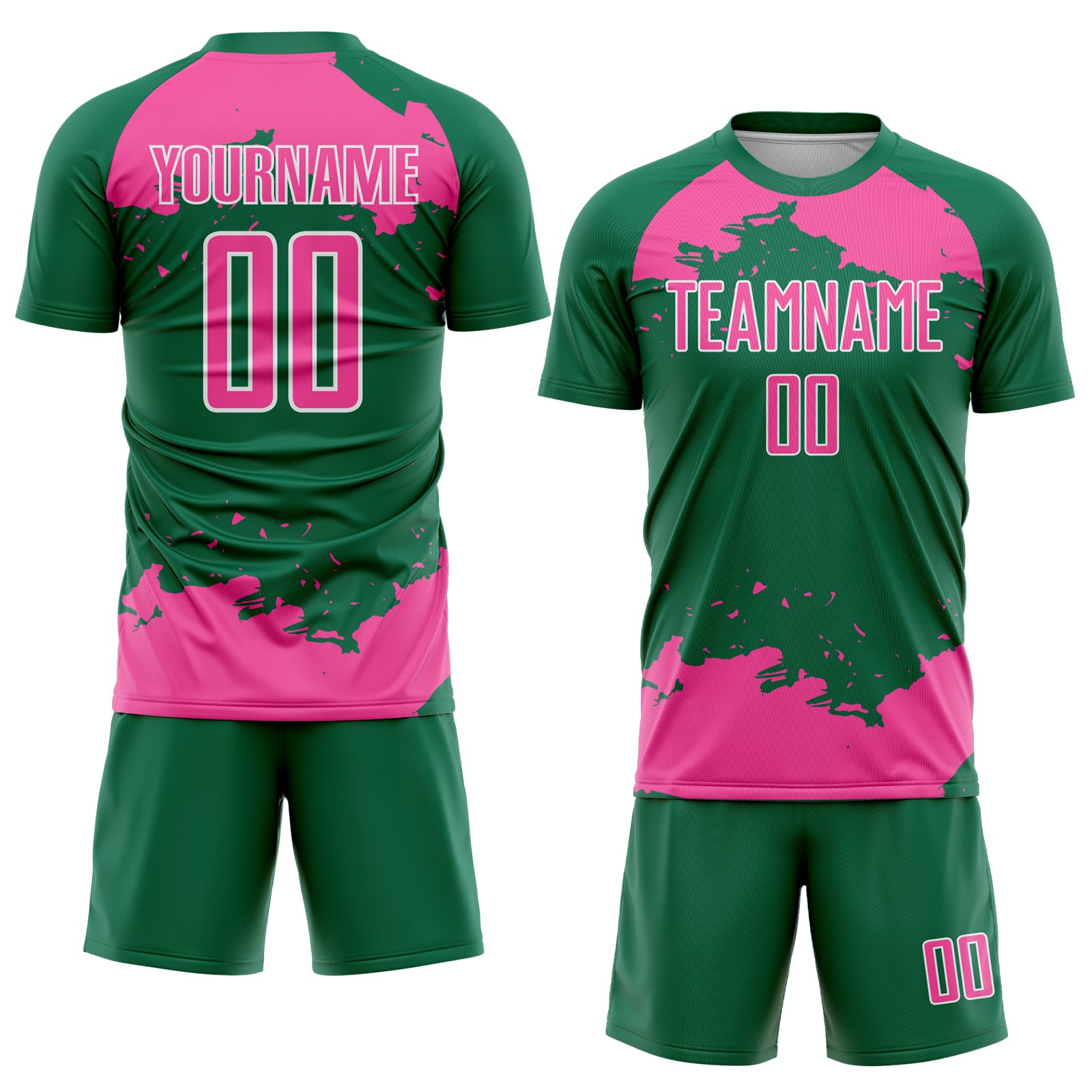 Custom Kelly Green Pink-White Abstract Fragment Art Sublimation Soccer Uniform Jersey