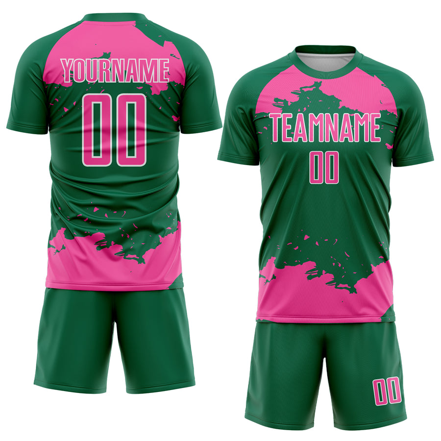 Custom Kelly Green Pink-White Abstract Fragment Art Sublimation Soccer Uniform Jersey