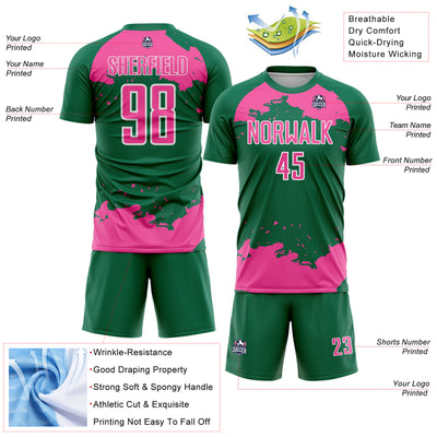 Custom Kelly Green Pink-White Abstract Fragment Art Sublimation Soccer Uniform Jersey