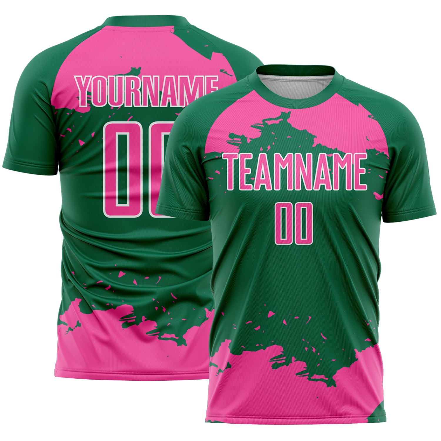 Custom Kelly Green Pink-White Abstract Fragment Art Sublimation Soccer Uniform Jersey