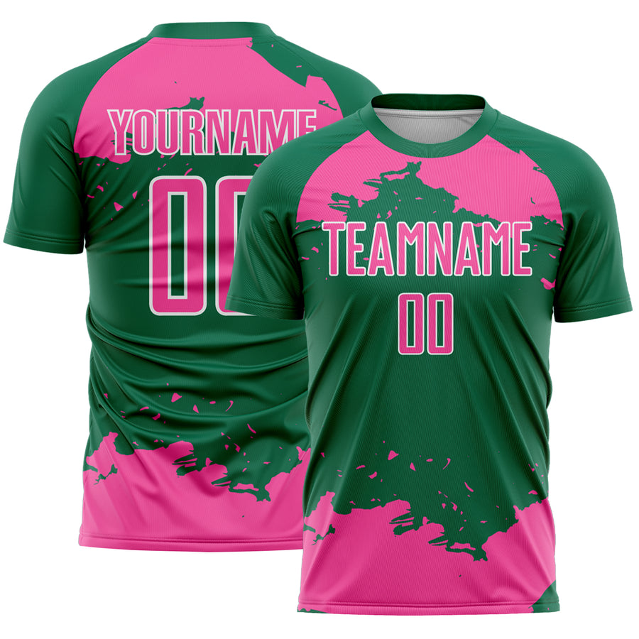 Custom Kelly Green Pink-White Abstract Fragment Art Sublimation Soccer Uniform Jersey