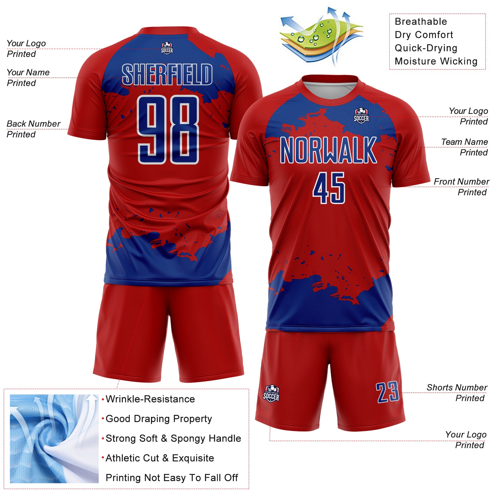 Custom Red Royal-White Abstract Fragment Art Sublimation Soccer Uniform Jersey