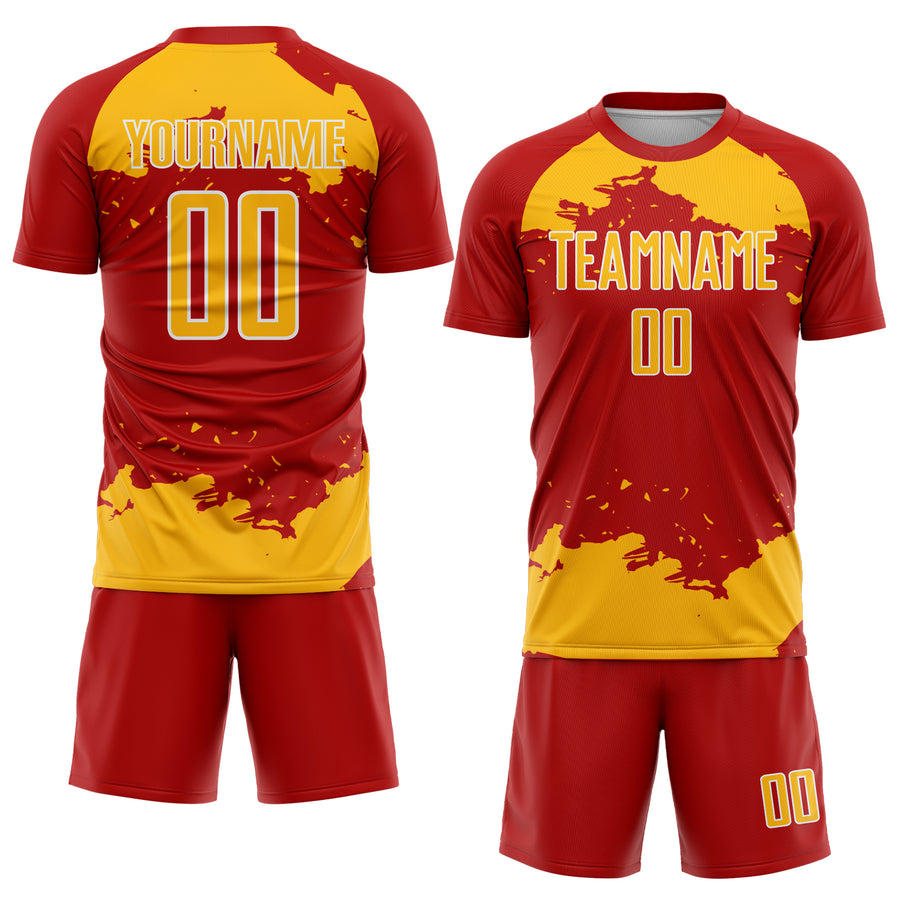 Custom Red Gold-White Abstract Fragment Art Sublimation Soccer Uniform Jersey