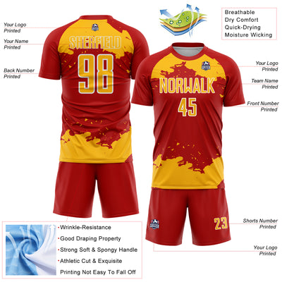Custom Red Gold-White Abstract Fragment Art Sublimation Soccer Uniform Jersey