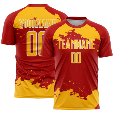 Custom Red Gold-White Abstract Fragment Art Sublimation Soccer Uniform Jersey