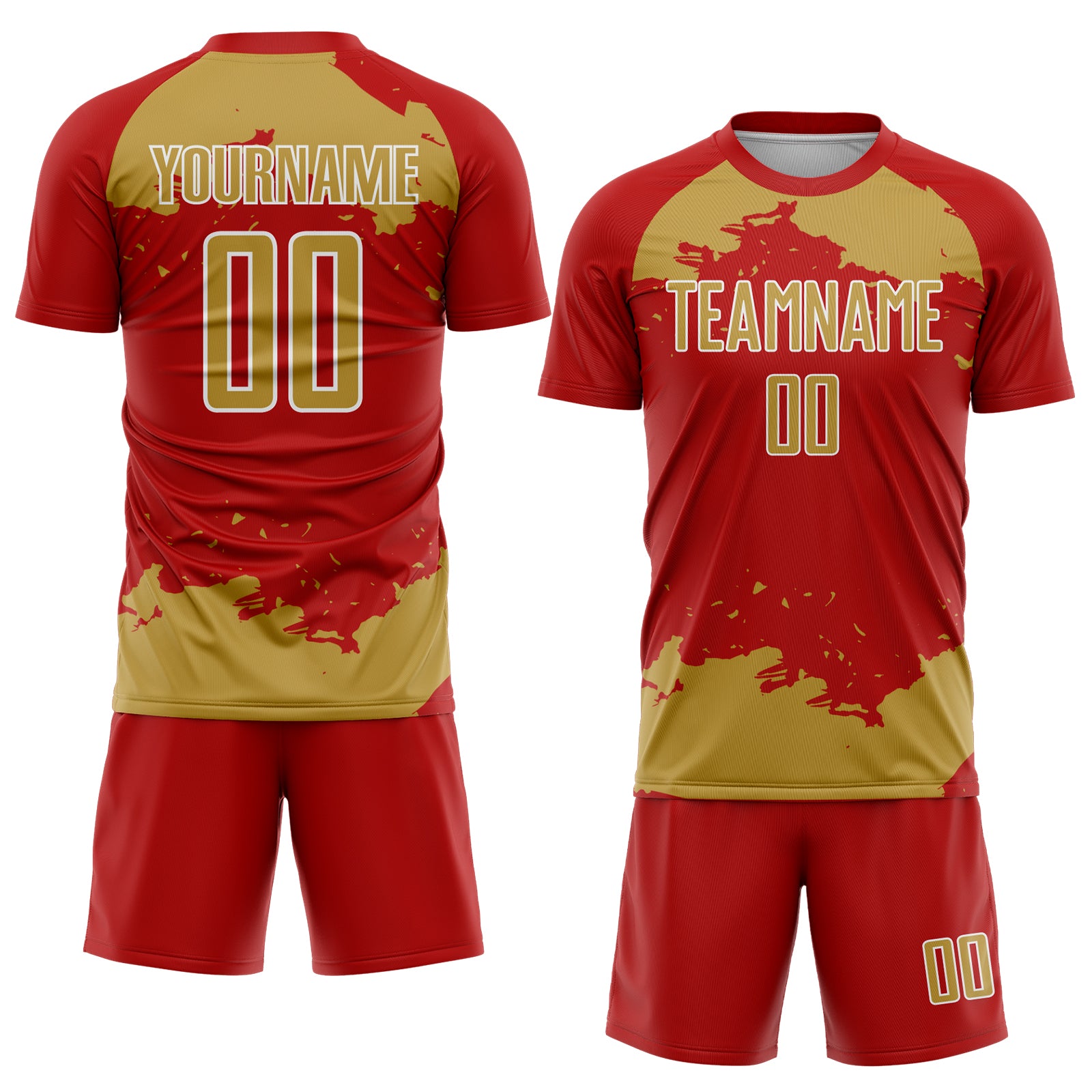 Custom Red Old Gold-White Abstract Fragment Art Sublimation Soccer Uniform Jersey