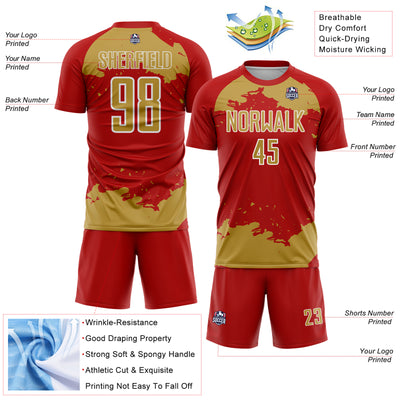 Custom Red Old Gold-White Abstract Fragment Art Sublimation Soccer Uniform Jersey