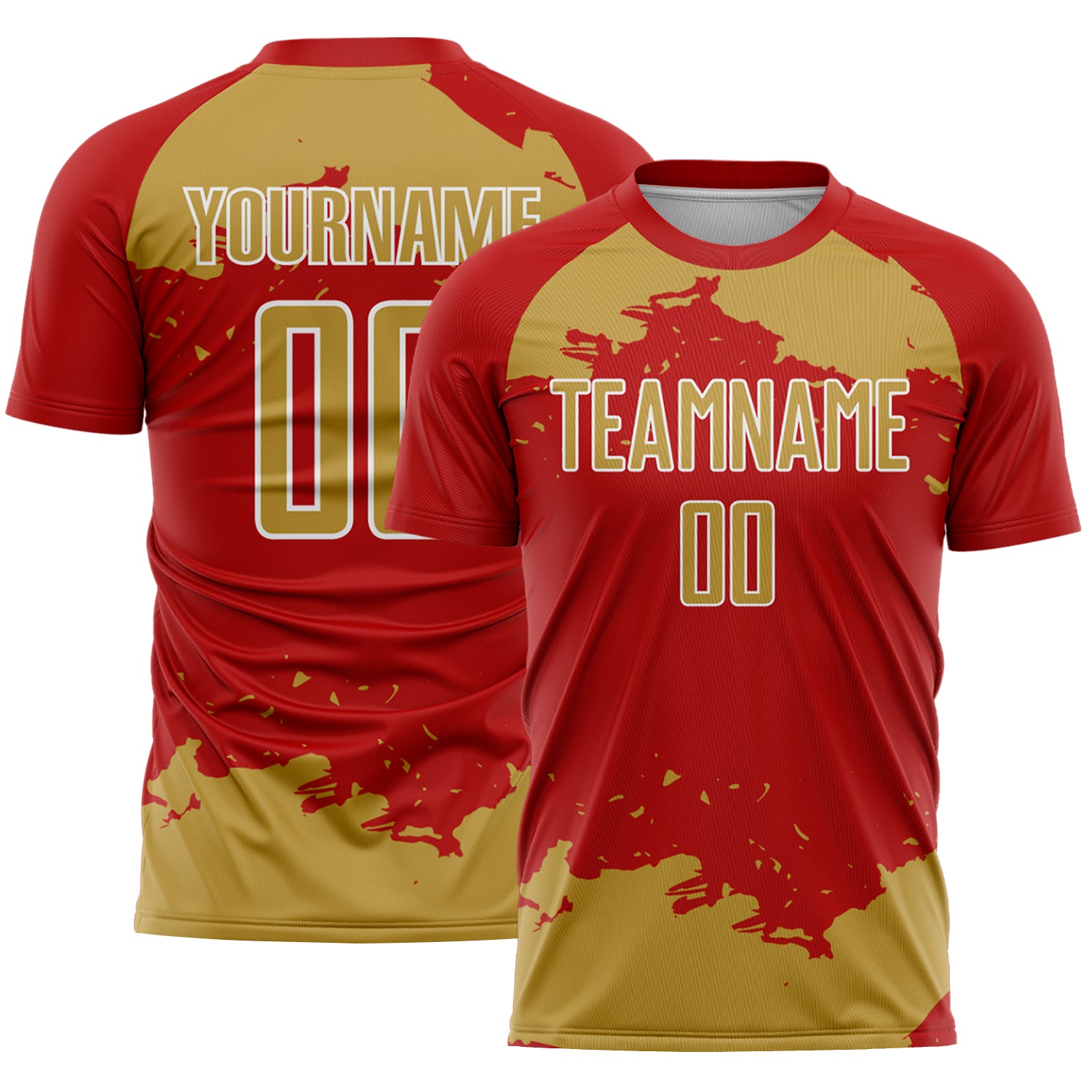 Custom Red Old Gold-White Abstract Fragment Art Sublimation Soccer Uniform Jersey