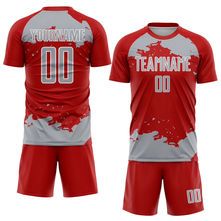 Custom Red Gray-White Abstract Fragment Art Sublimation Soccer Uniform Jersey