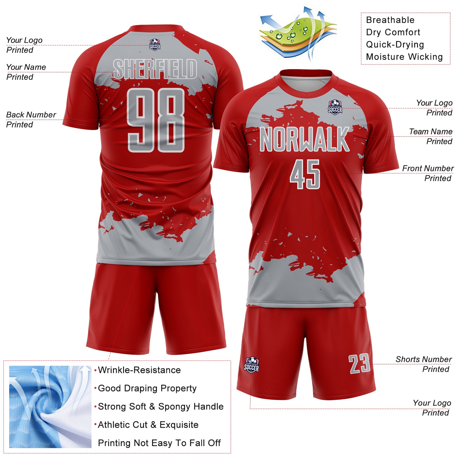 Custom Red Gray-White Abstract Fragment Art Sublimation Soccer Uniform Jersey