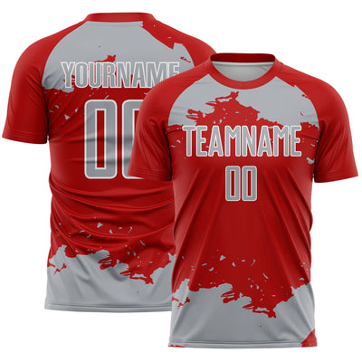 Custom Red Gray-White Abstract Fragment Art Sublimation Soccer Uniform Jersey