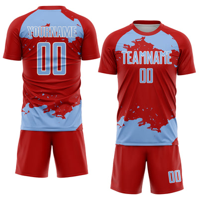 Custom Red Light Blue-White Abstract Fragment Art Sublimation Soccer Uniform Jersey