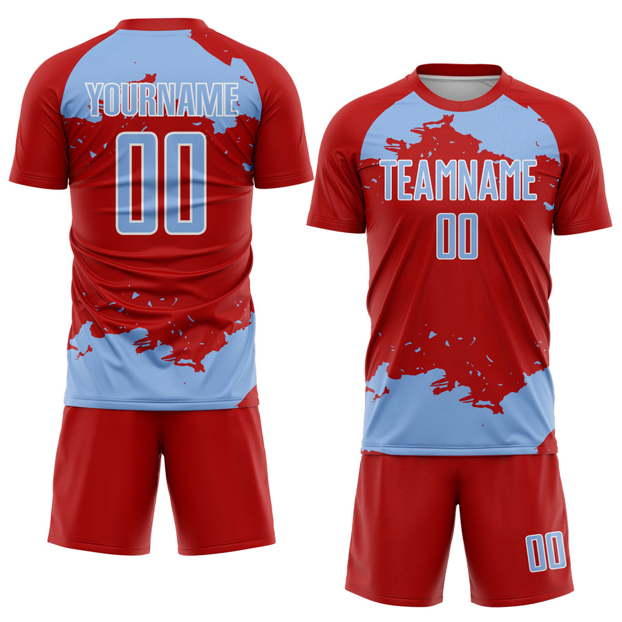 Custom Red Light Blue-White Abstract Fragment Art Sublimation Soccer Uniform Jersey
