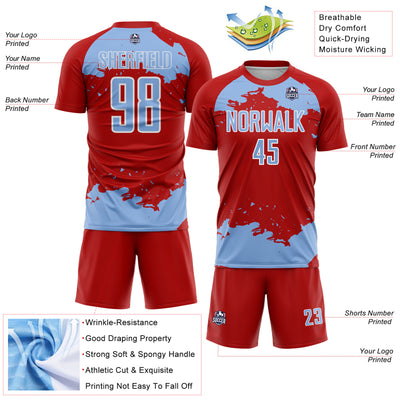 Custom Red Light Blue-White Abstract Fragment Art Sublimation Soccer Uniform Jersey