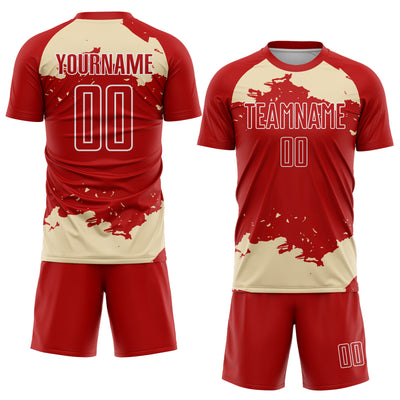 Custom Red Cream-White Abstract Fragment Art Sublimation Soccer Uniform Jersey