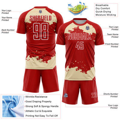 Custom Red Cream-White Abstract Fragment Art Sublimation Soccer Uniform Jersey
