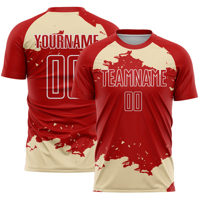 Custom Red Cream-White Abstract Fragment Art Sublimation Soccer Uniform Jersey