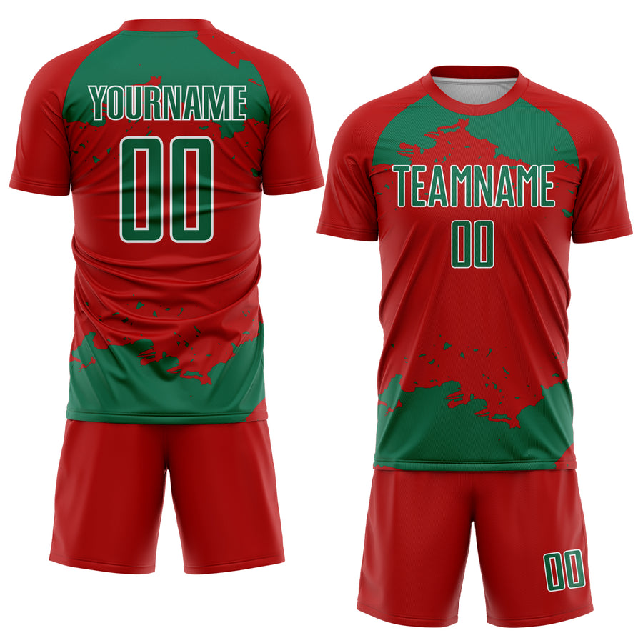 Custom Red Kelly Green-White Abstract Fragment Art Sublimation Soccer Uniform Jersey
