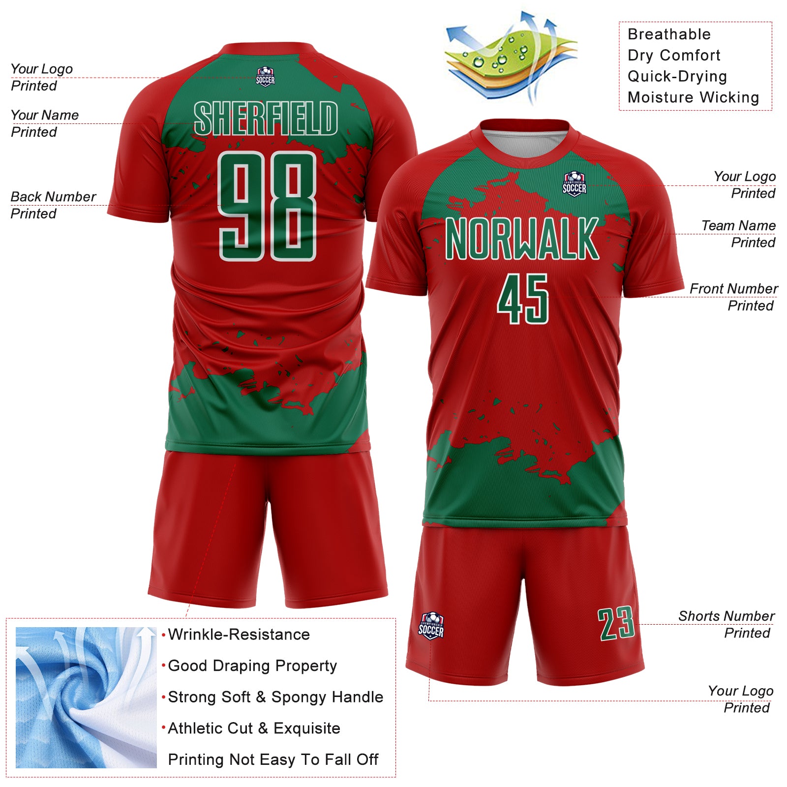 Custom Red Kelly Green-White Abstract Fragment Art Sublimation Soccer Uniform Jersey