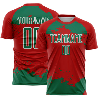Custom Red Kelly Green-White Abstract Fragment Art Sublimation Soccer Uniform Jersey