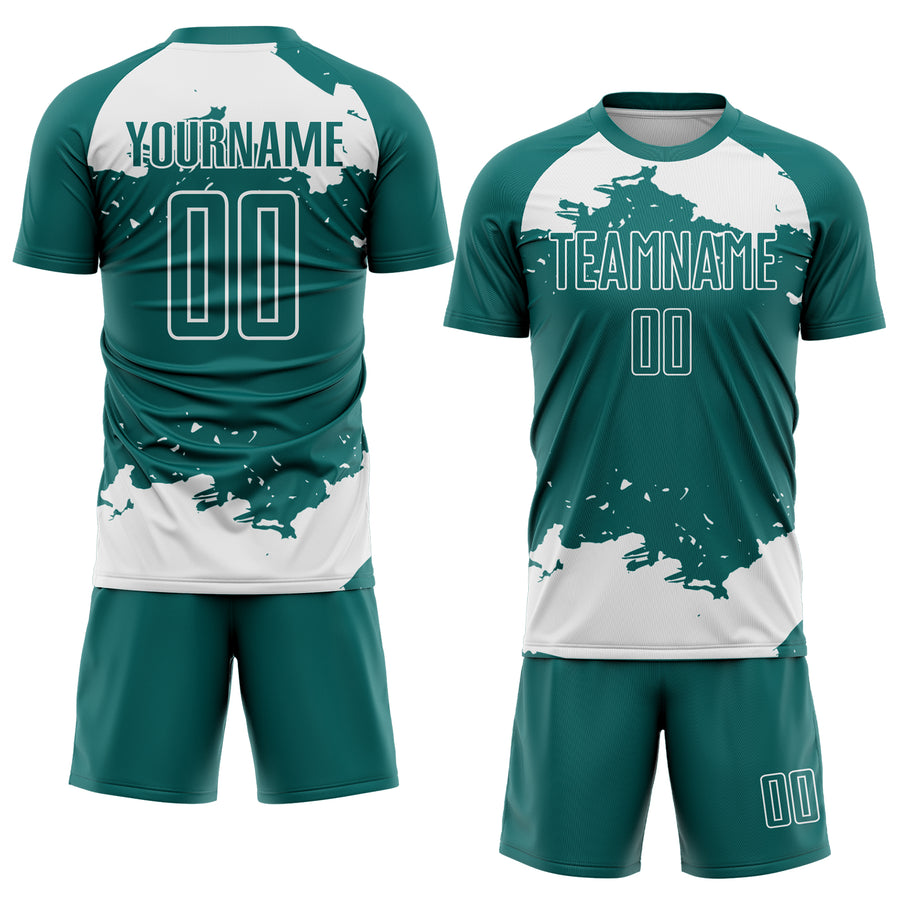 Custom Teal White Abstract Fragment Art Sublimation Soccer Uniform Jersey