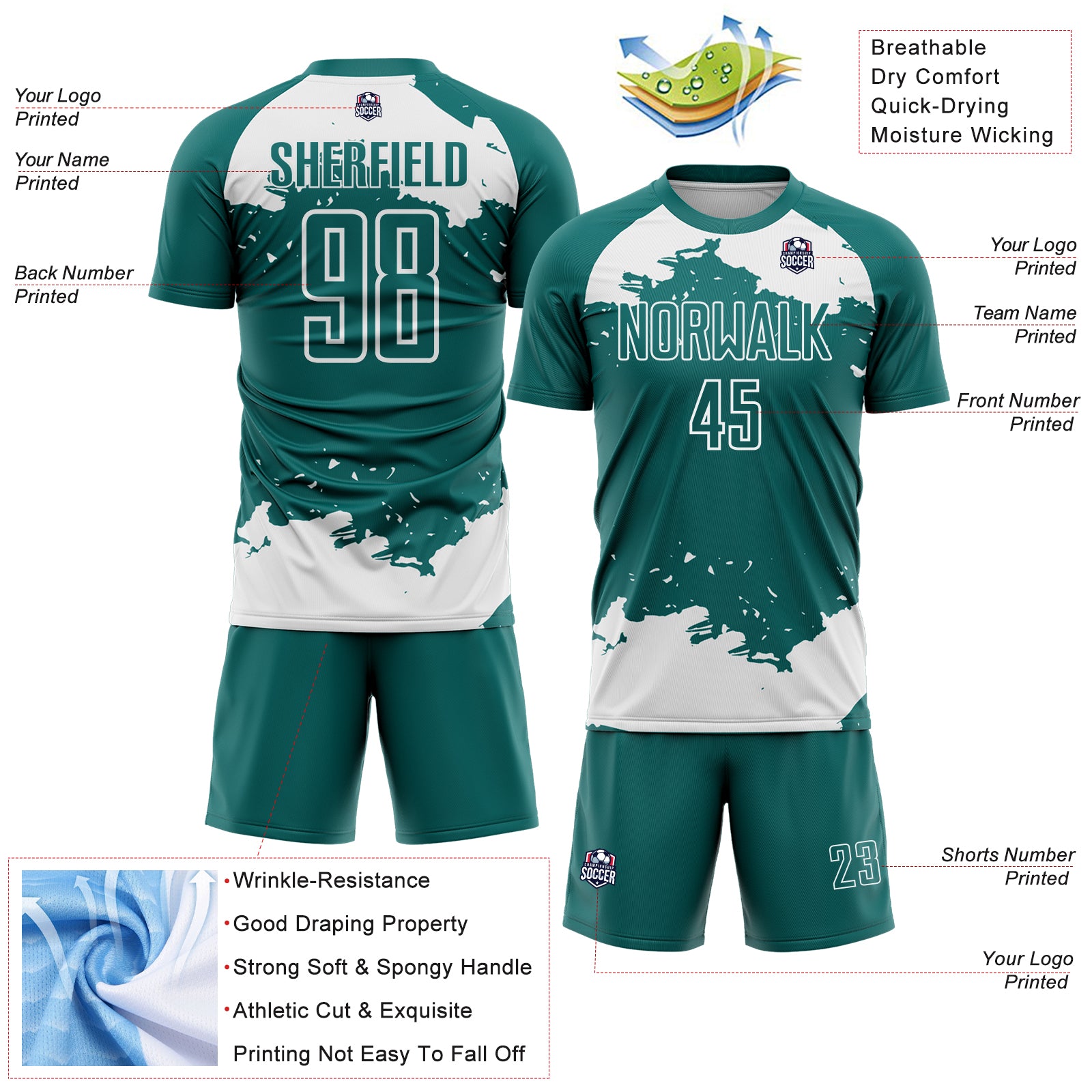 Custom Teal White Abstract Fragment Art Sublimation Soccer Uniform Jersey
