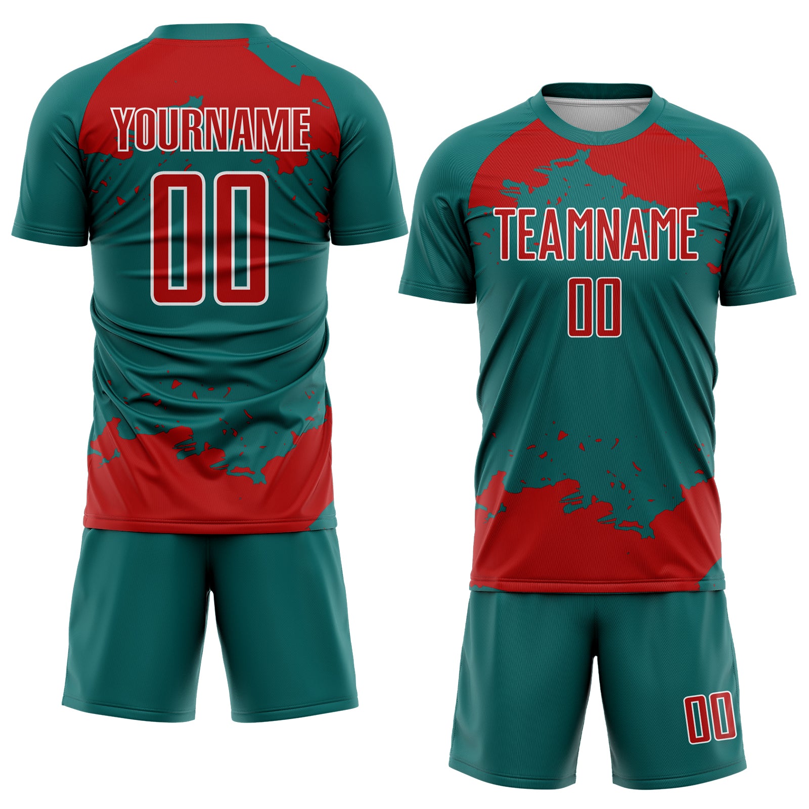 Custom Teal Red-White Abstract Fragment Art Sublimation Soccer Uniform Jersey