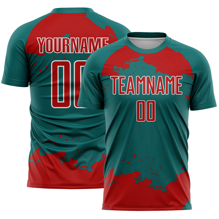 Custom Teal Red-White Abstract Fragment Art Sublimation Soccer Uniform Jersey