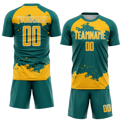 Custom Teal Gold-White Abstract Fragment Art Sublimation Soccer Uniform Jersey