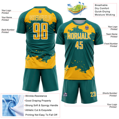 Custom Teal Gold-White Abstract Fragment Art Sublimation Soccer Uniform Jersey