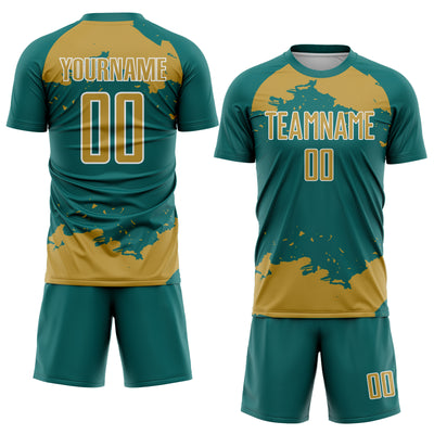 Custom Teal Old Gold-White Abstract Fragment Art Sublimation Soccer Uniform Jersey