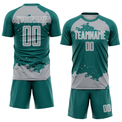 Custom Teal Gray-White Abstract Fragment Art Sublimation Soccer Uniform Jersey