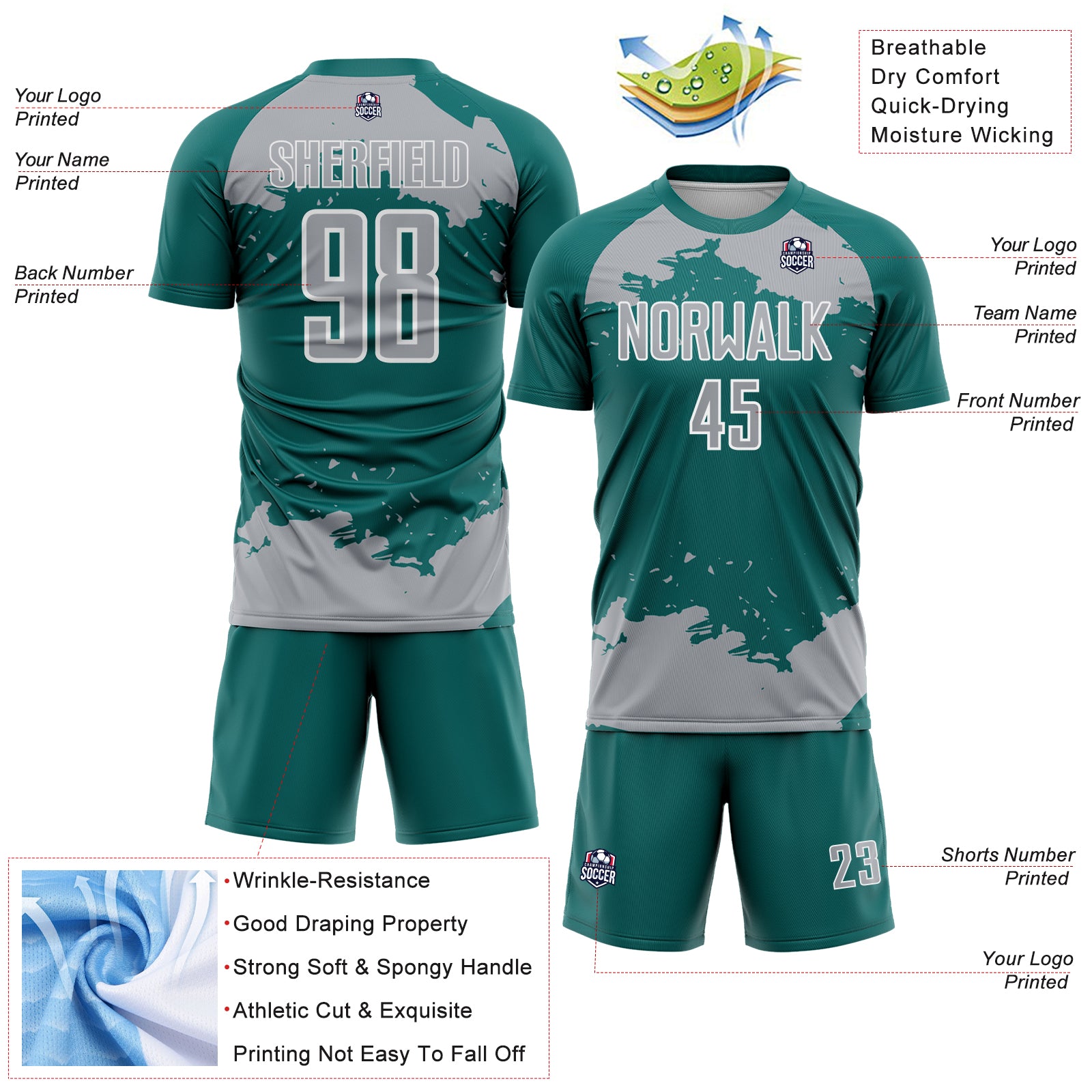 Custom Teal Gray-White Abstract Fragment Art Sublimation Soccer Uniform Jersey