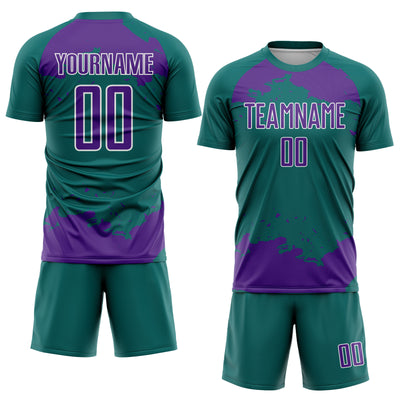 Custom Teal Purple-White Abstract Fragment Art Sublimation Soccer Uniform Jersey