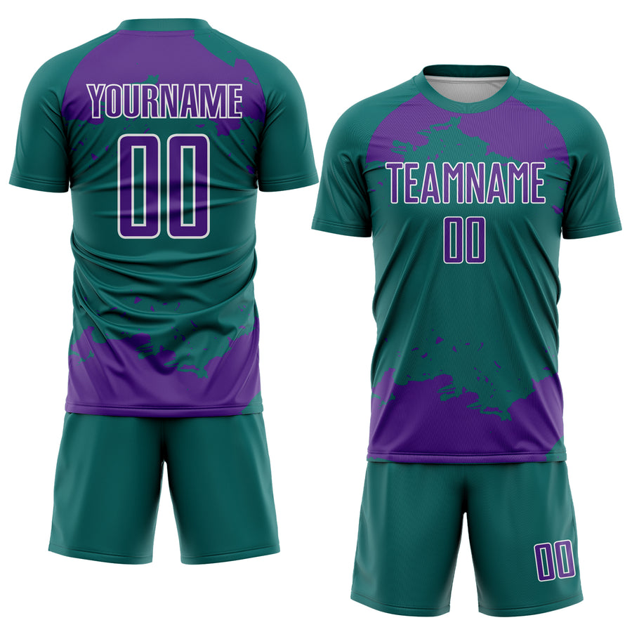 Custom Teal Purple-White Abstract Fragment Art Sublimation Soccer Uniform Jersey