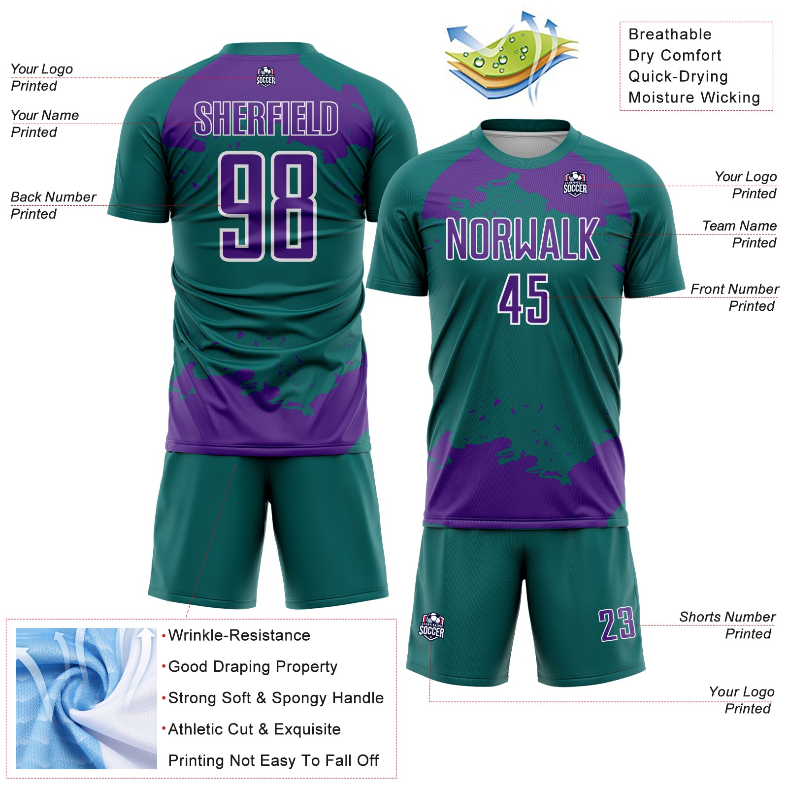 Custom Teal Purple-White Abstract Fragment Art Sublimation Soccer Uniform Jersey