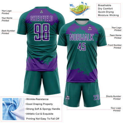 Custom Teal Purple-White Abstract Fragment Art Sublimation Soccer Uniform Jersey