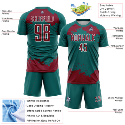 Custom Teal Crimson-White Abstract Fragment Art Sublimation Soccer Uniform Jersey