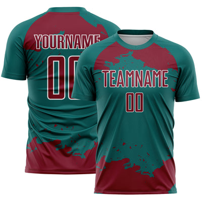 Custom Teal Crimson-White Abstract Fragment Art Sublimation Soccer Uniform Jersey
