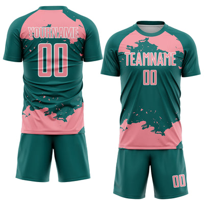 Custom Teal Medium Pink-White Abstract Fragment Art Sublimation Soccer Uniform Jersey