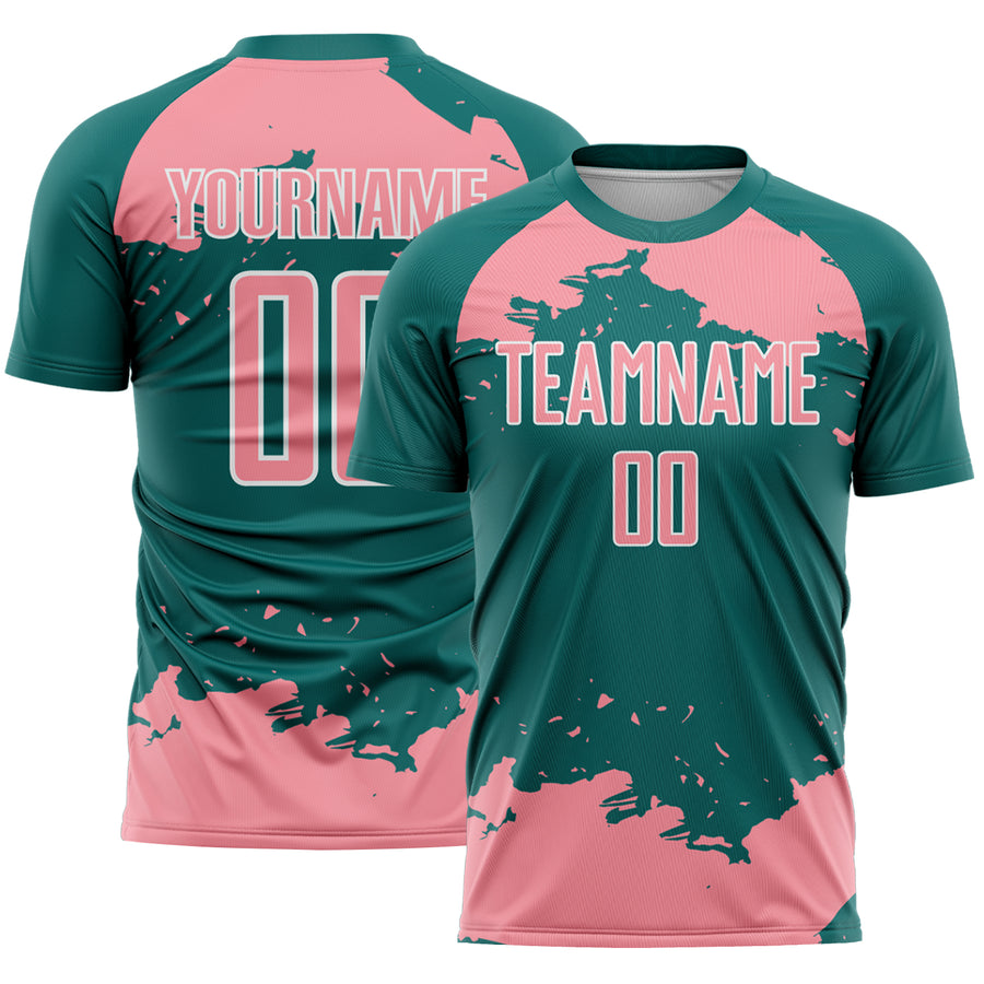 Custom Teal Medium Pink-White Abstract Fragment Art Sublimation Soccer Uniform Jersey