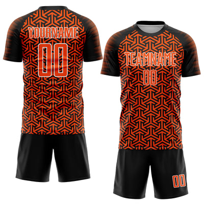 Custom Black Orange-White Geometric Arrow Sublimation Soccer Uniform Jersey