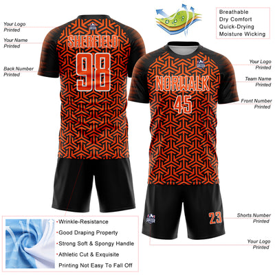 Custom Black Orange-White Geometric Arrow Sublimation Soccer Uniform Jersey