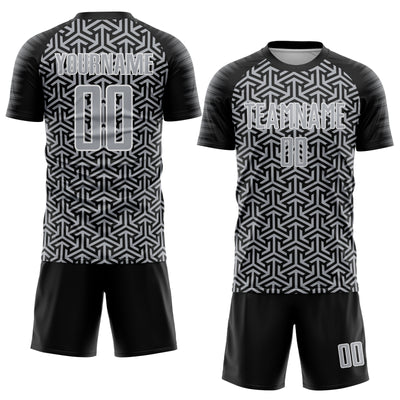 Custom Black Gray-White Geometric Arrow Sublimation Soccer Uniform Jersey