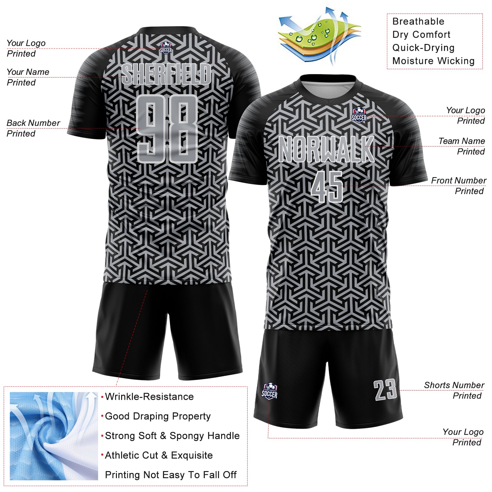 Custom Black Gray-White Geometric Arrow Sublimation Soccer Uniform Jersey