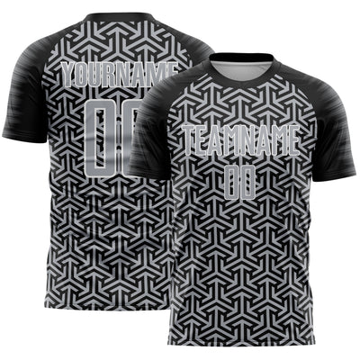 Custom Black Gray-White Geometric Arrow Sublimation Soccer Uniform Jersey